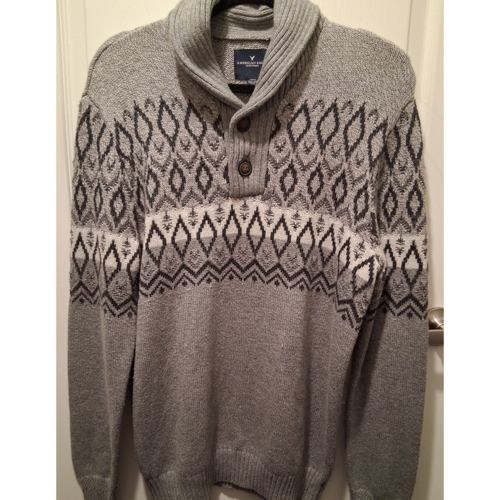 NWOT American Eagle Sweater Mens M Gray Fair Isle Nordic Shawl Henley Sweater